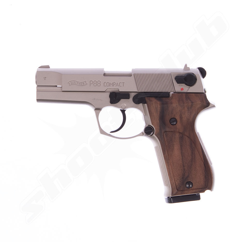 Walther P88 Nickel mit Holzgriffschalen Schreckschusspistole 9mm P.A.K. -  Platzpatronen-Set