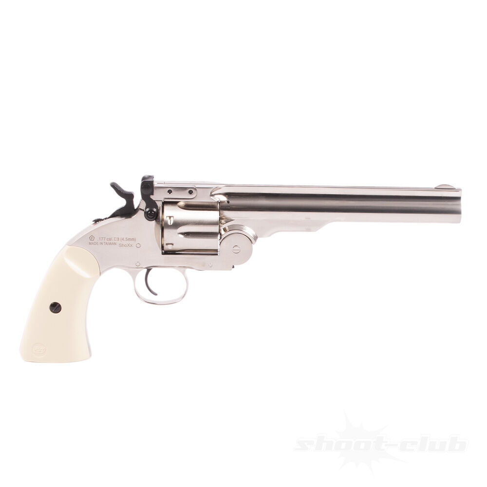 ASG Schofield CO2 Revolver 6 Zoll 4,5mm Diabolos Silver & Ivory Grip Bild 2