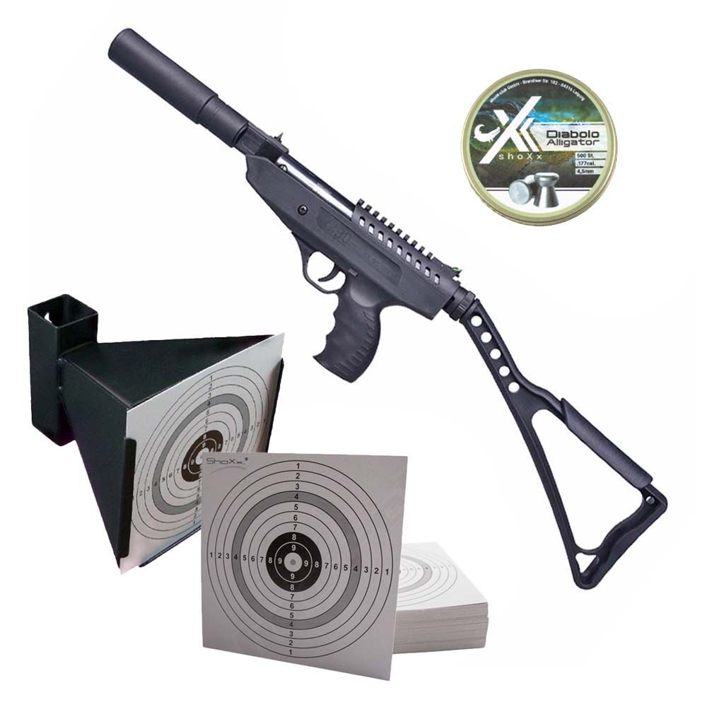 BO Langley Silencer Luftpistole Federdruck Knicklauf 4,5mm Diabolo Kugelfang Set