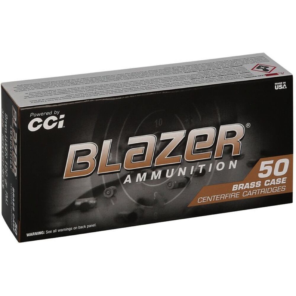CCI Blazer Brass FMJ 100grs 9mm Luger 50 Schuss Pistolen Munition