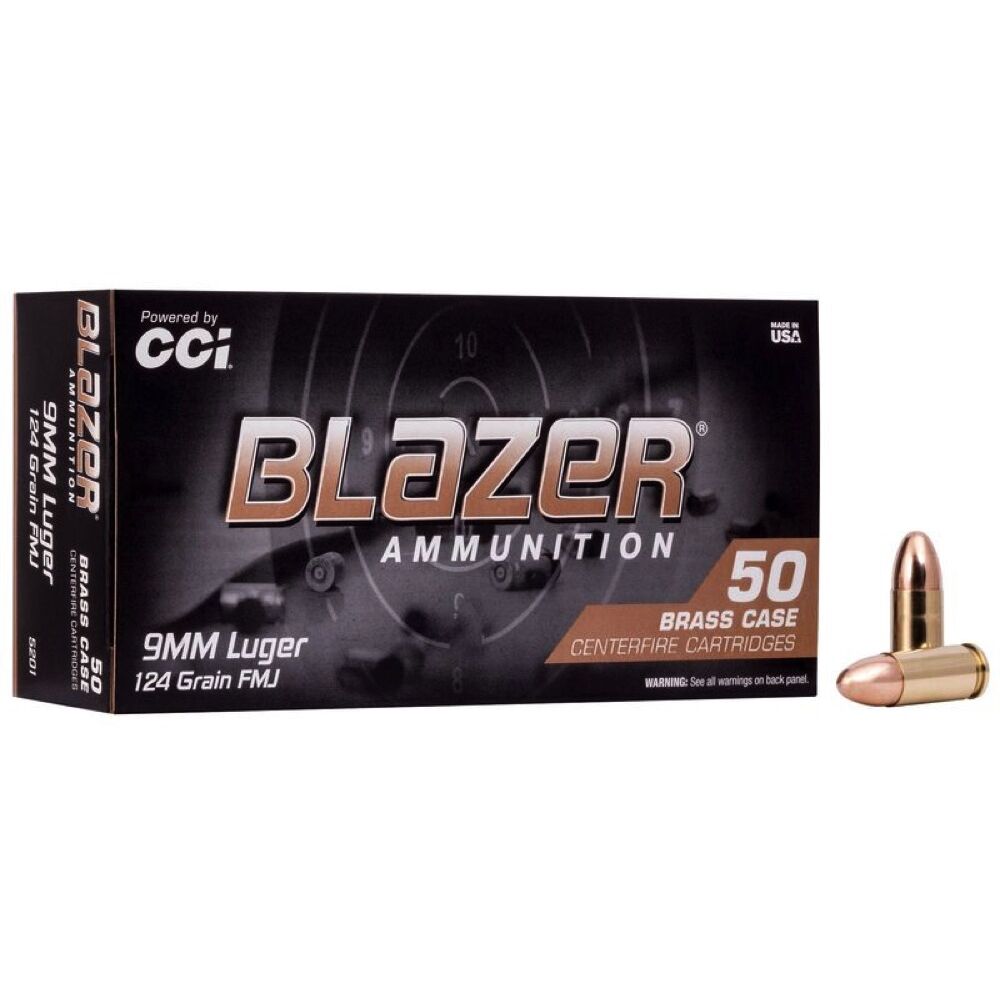 CCI Blazer Brass FMJ 124grs 9mm Luger 50 Schuss Pistolen Munition