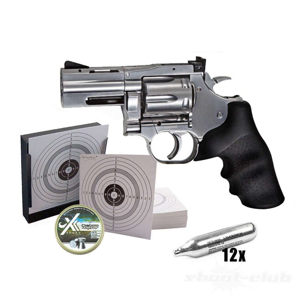 CO2 Revolver Dan Wesson 715 2,5 Zoll Kal. 4,5mm Diabolos, Silber - im Set