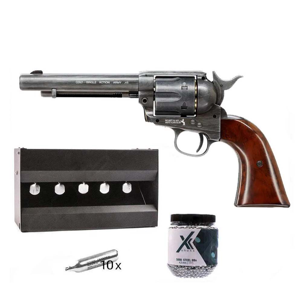 COLT SAA .45 Peacemaker Antique CO2-Revolver 4,5mm BB im Plinking-Set