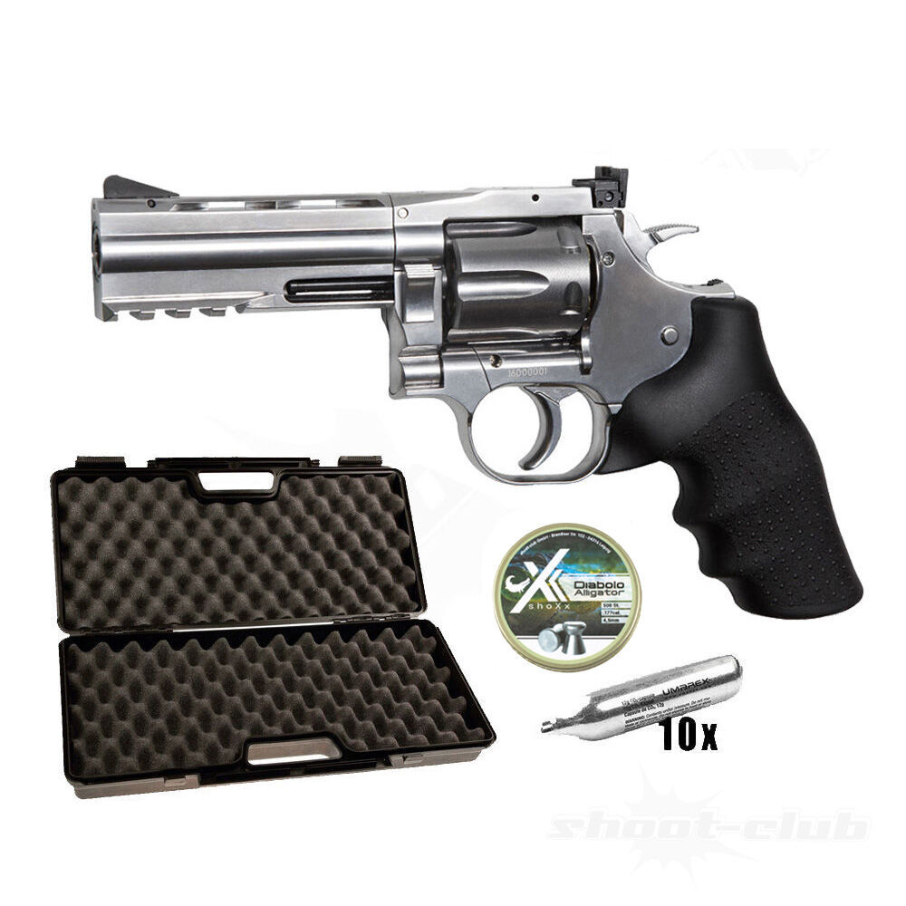 Dan Wesson 715 CO2 Revolver 4 Zoll Kal. 4,5mm Diabolos Silber im Koffer-Set