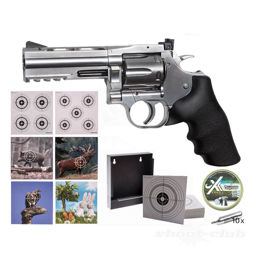 Dan Wesson 715 CO2 Revolver 4 Zoll Kal. 4,5mm Diabolos Silber im Zielscheiben-Set