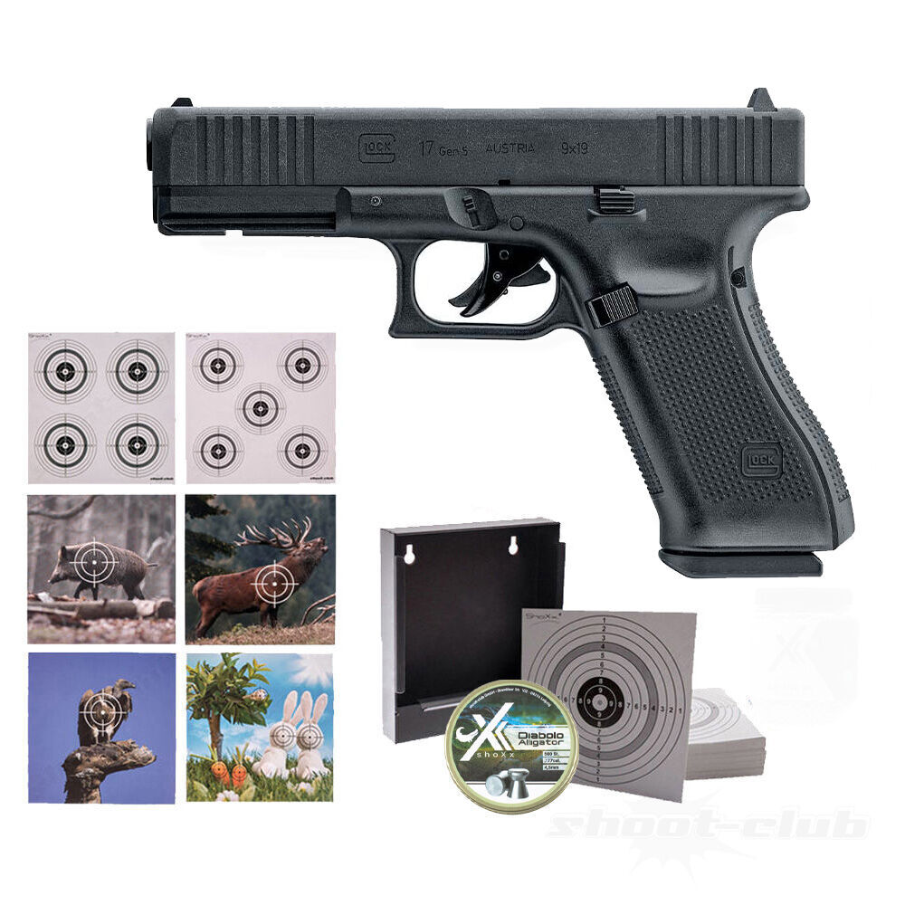 Glock 17 Gen5 Co2 Pistole Metallschlitten 4,5mm Diabolo im Zielscheiben Set