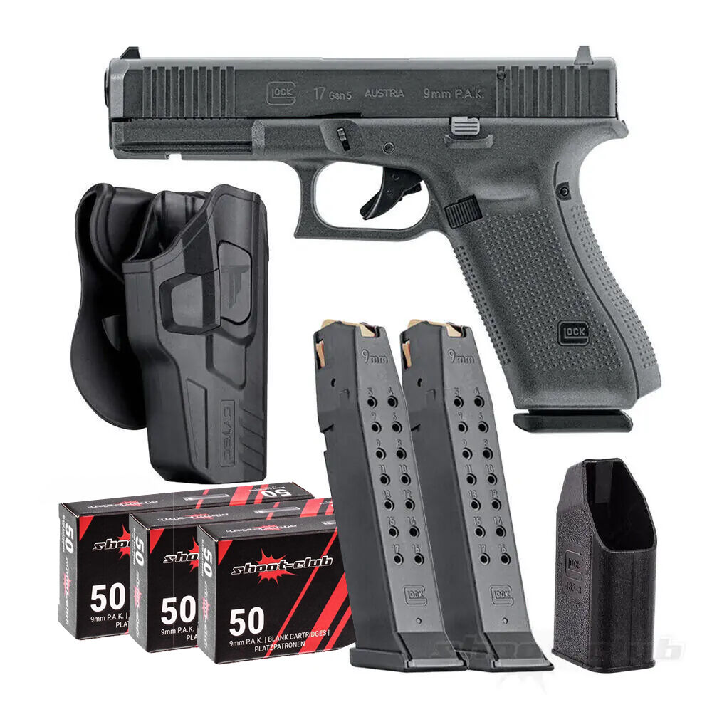 Glock 17 Gen5 Schreckschusspistole im Set mit Holster, Ersatzmagazin, Munition, Ladehilfe