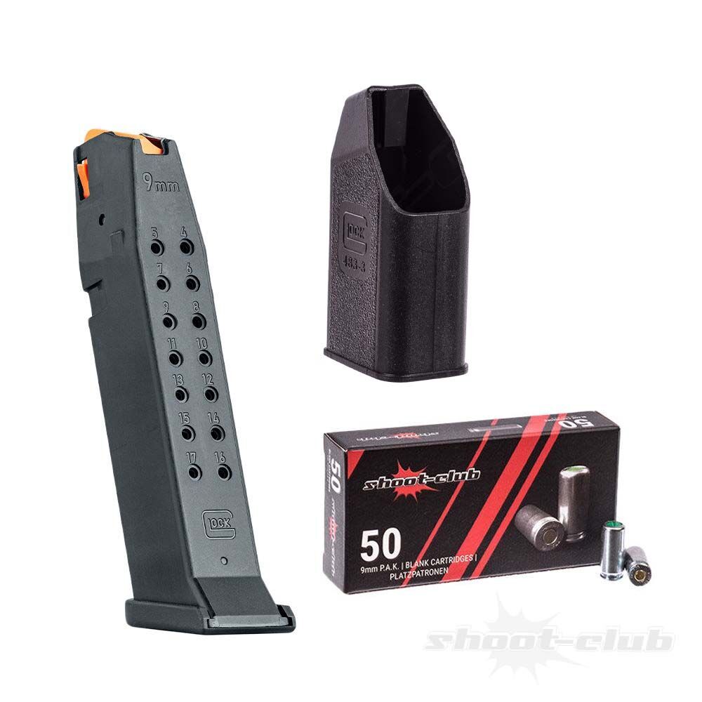 Glock Magazin Schreckschusspistole 9mmPAK + Ladehilfe + 50 Platzpatronen