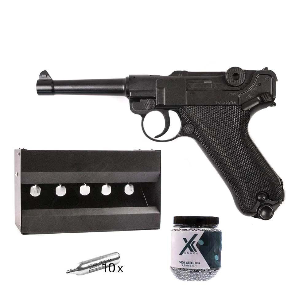 Legends P08 CO2 Pistole 4,5mm Stahl BBs schwarz im Plinking Set