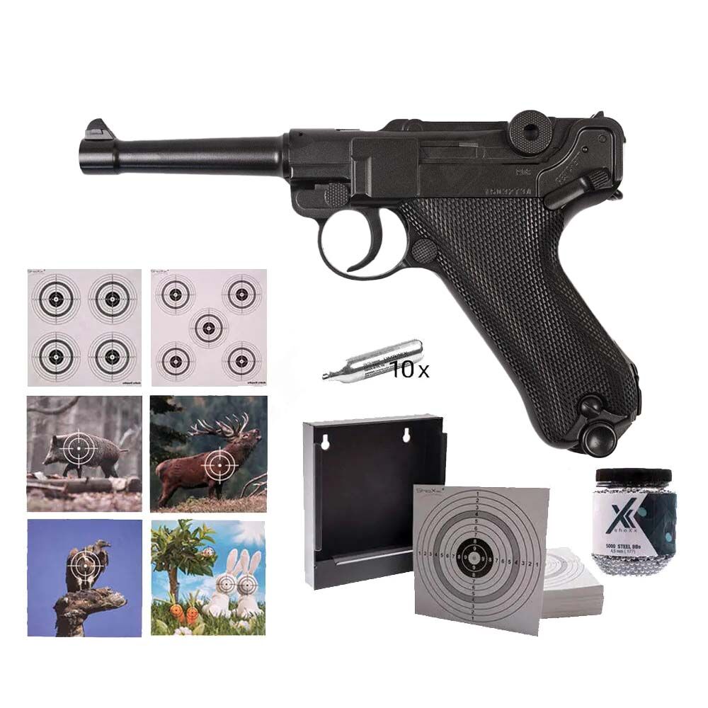 Legends P08 CO2 Pistole 4,5mm Stahl BBs schwarz im Zielscheiben Set