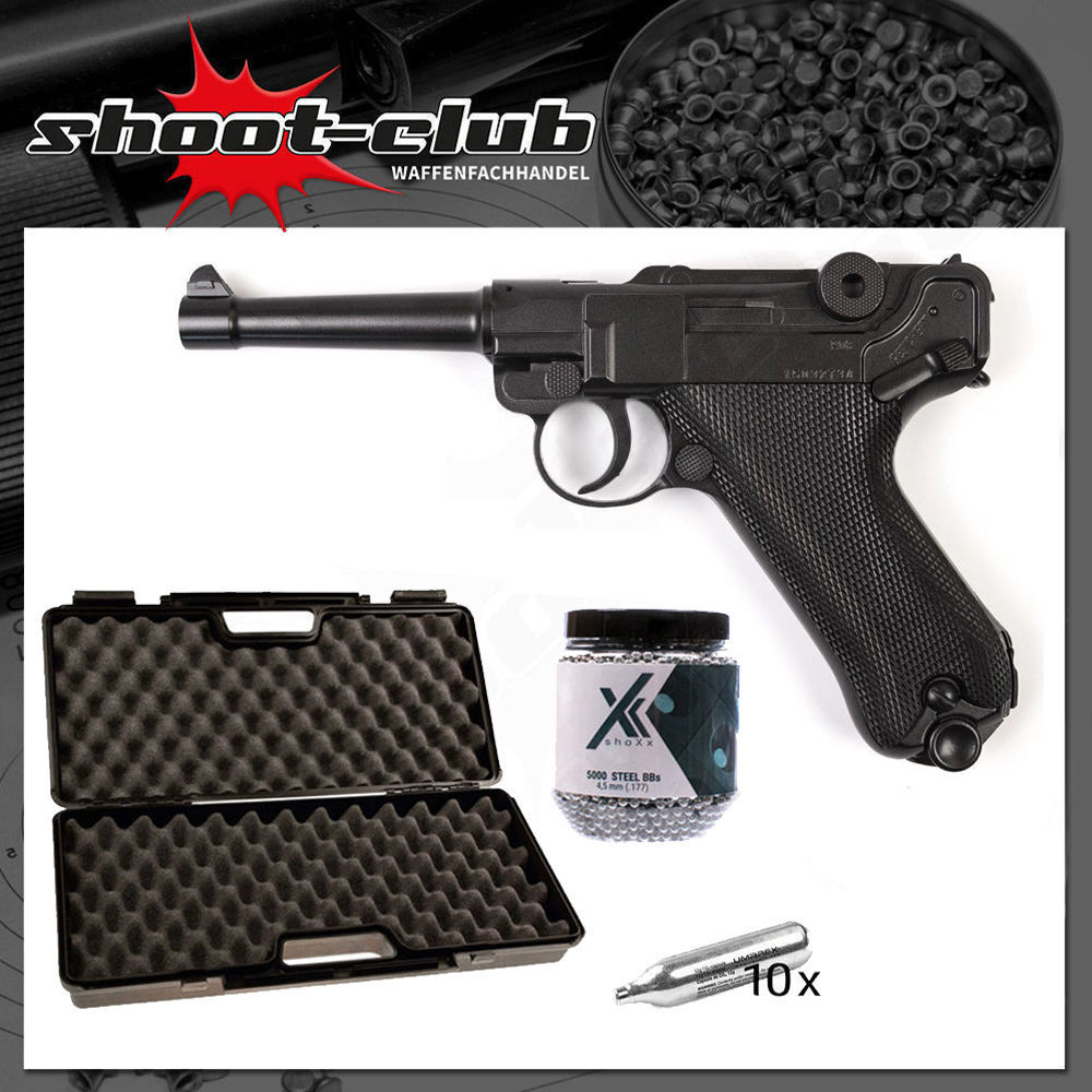 Legends P08 CO2 Pistole schwarz 4,5mm Stahl BBs Koffer-Set