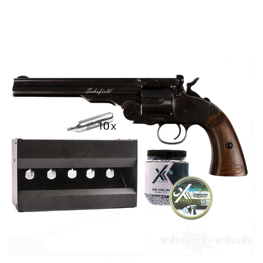 Schofield 6 Zoll CO2 Revolver 4,5 mm Diabolos & BBs - Plinking-Set