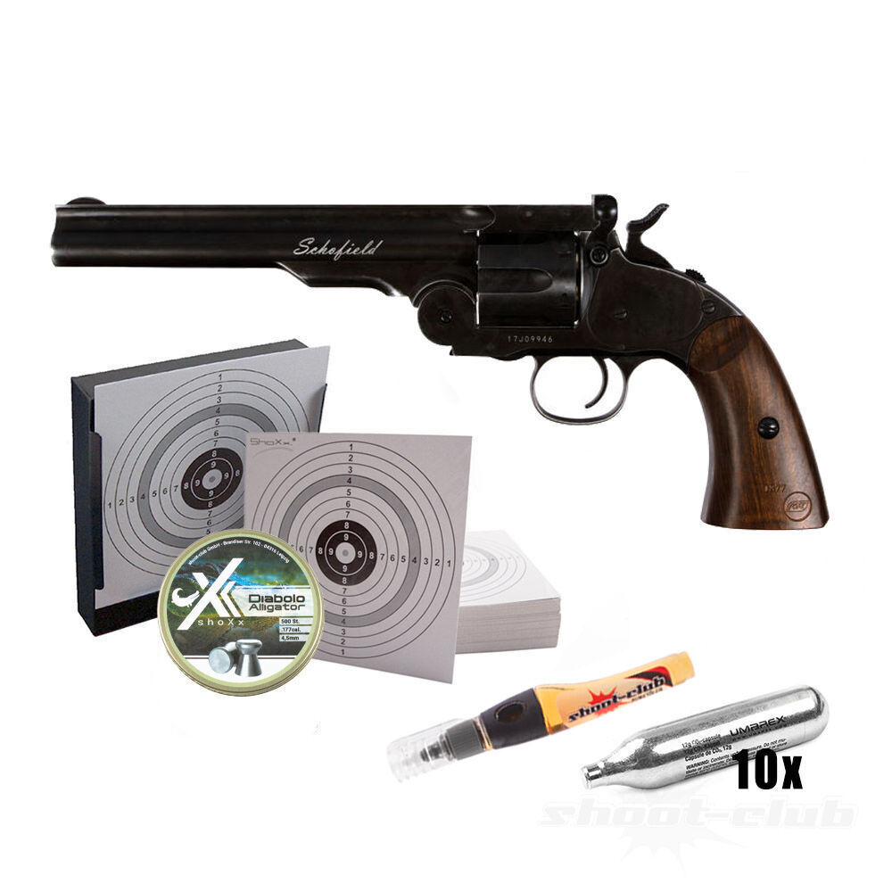 Schofield 6 Zoll CO2 Revolver Kaliber 4,5 mm Diabolos & BBs - Kugelfang-Set