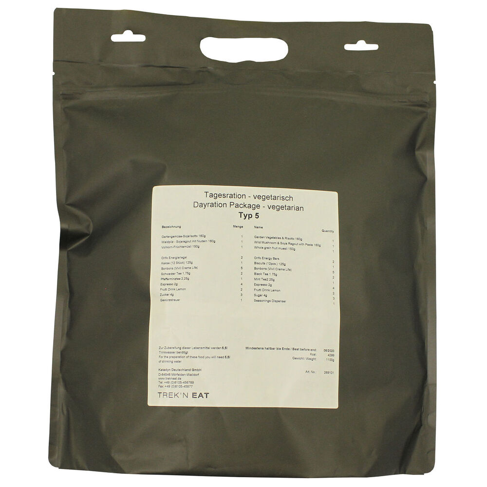 TREK'N EAT Day Ration Pack Typ 5 959g Vegetarisch Tagesration Gartengemse-Sojarisotteo und Waldpilz-Sojaragout mit Nudeln