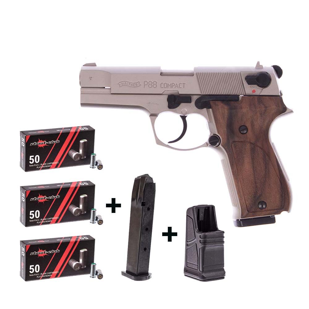 Walther P88 Nickel mit Holzgriffschalen Schreckschusspistole 9mm P.A.K. -  Platzpatronen-Set