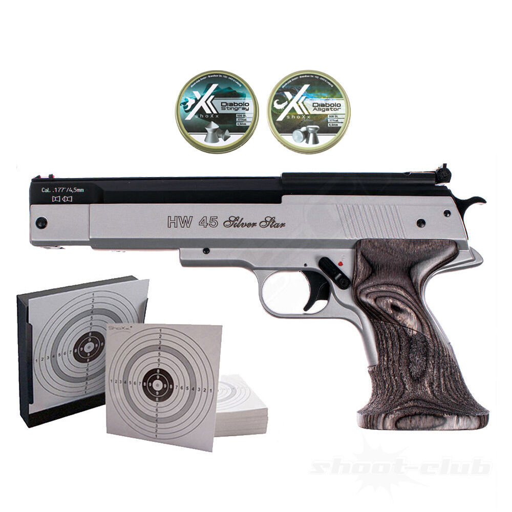 Weihrauch HW 45 Silver Star Luftpistole Federdruck 4,5mm Diabolo Zielscheiben Set