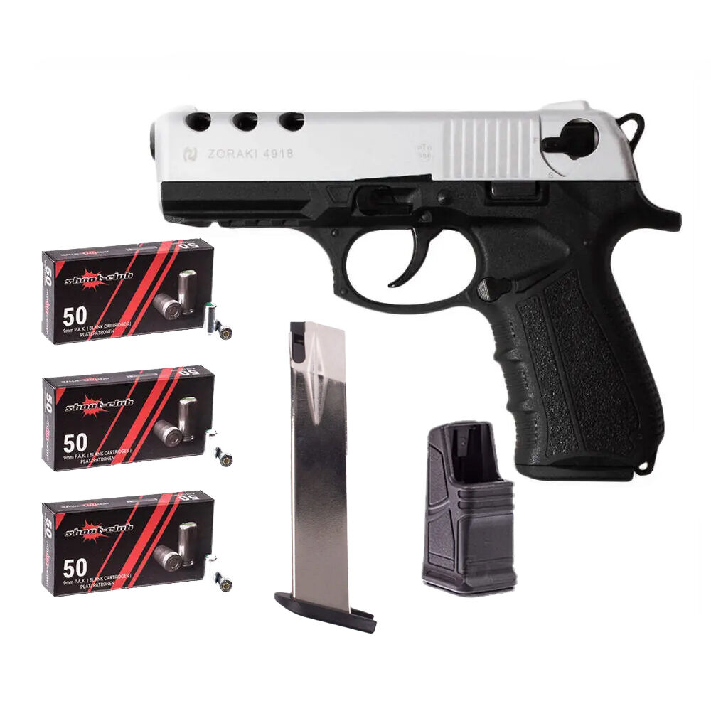 Zoraki 4918 Schreckschuss 9 mm P.A.K. Matt-Chrom Platzpatronen-Set