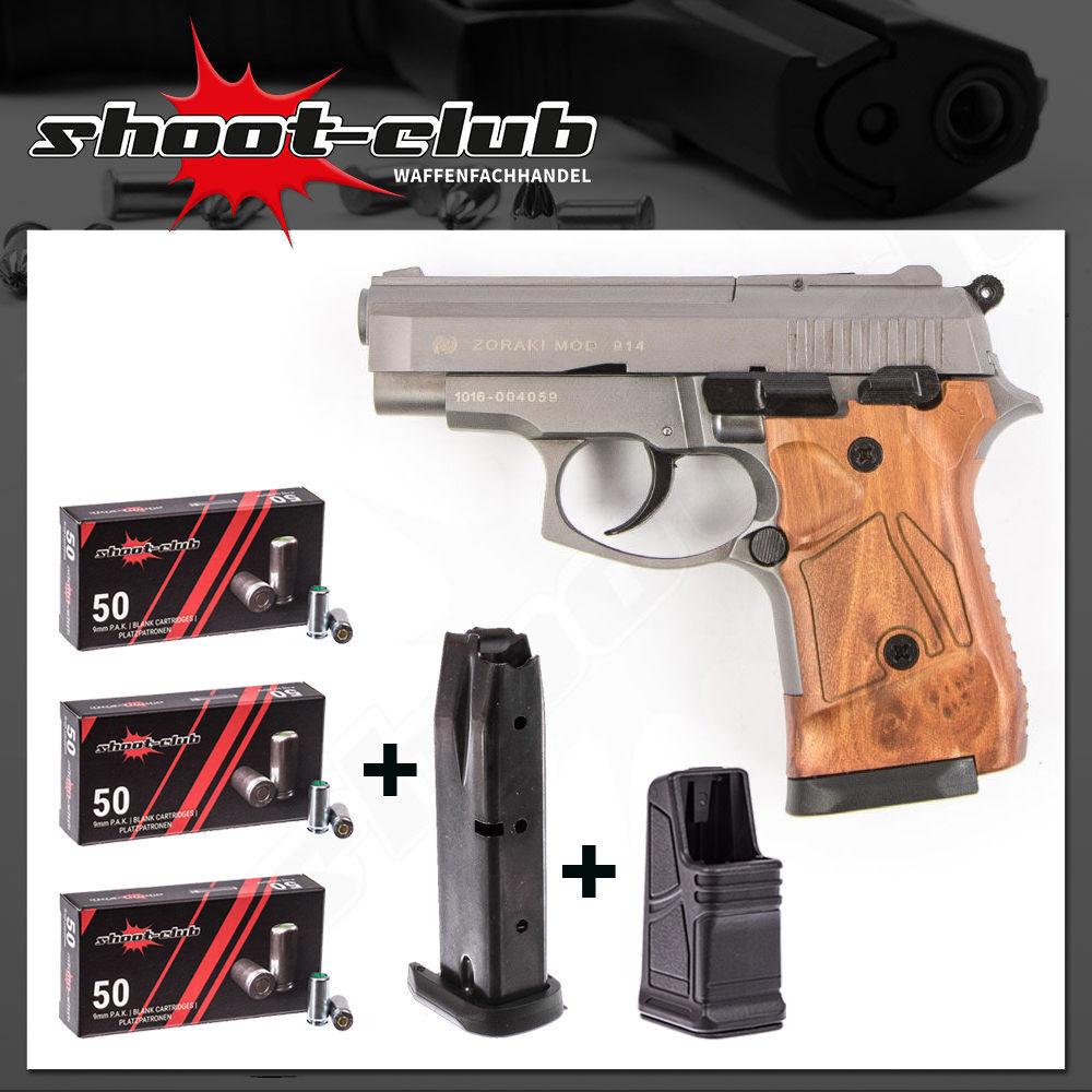 Zoraki 914-P Titan-Holz Schreckschusspistole 9mm P.A.K. Platzpatronen-Set mit Magazin