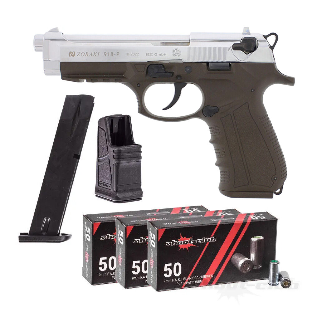 Zoraki 918-P Chrom ODG Schreckschuss Pistole 9mm PAK im Platzpatronen-Set