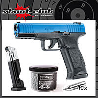 T4E TPM1, blauer Schlitten, CO2 RAM Pistole .43 im Set mit T4E Fastballs und Magazin